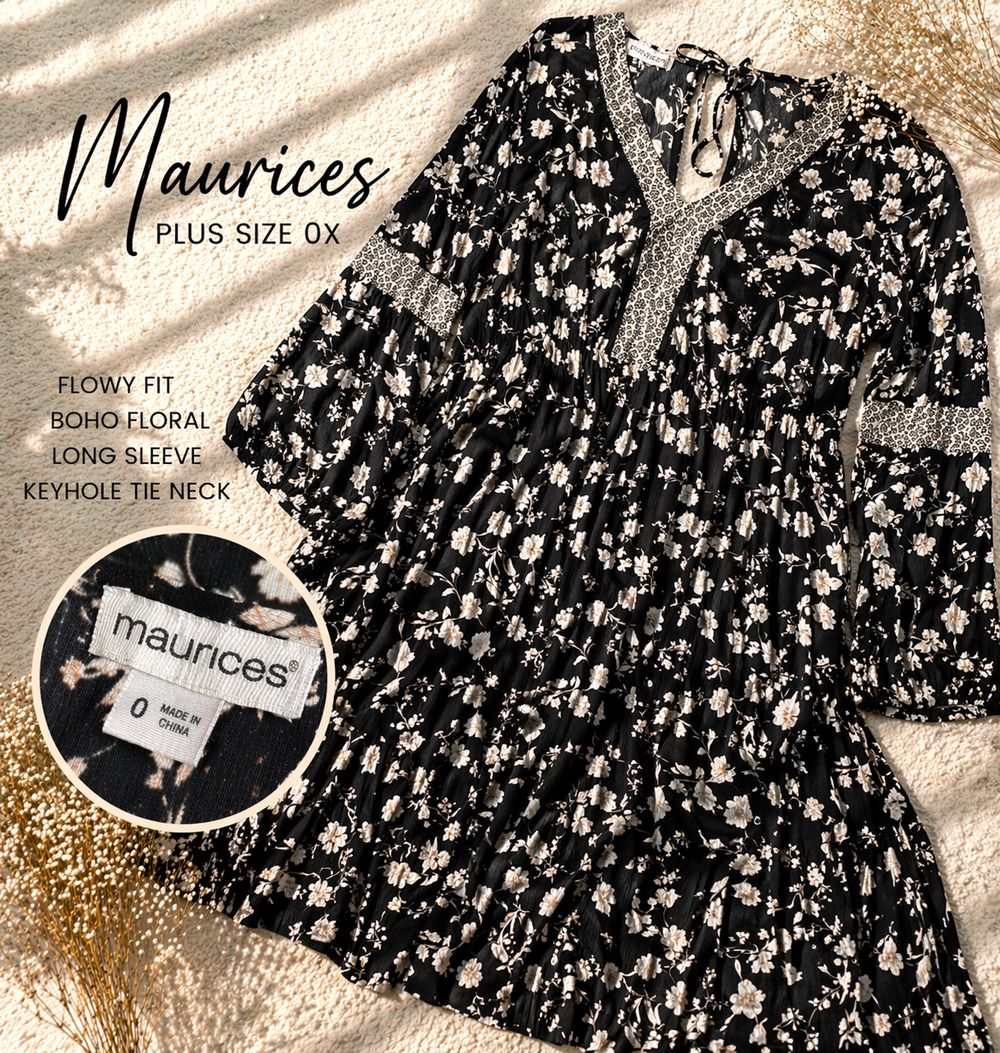 Maurices Plus Size 0X Black Floral Boho Dress Long Sleeve Flowy Mini